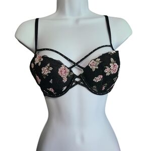 PINK strappy bra black floral 32D